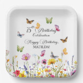 蝶と野エレガント花75誕生日 ペーパープレート (正面)