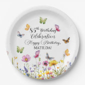 蝶と野エレガント花85誕生日 ペーパープレート (正面)