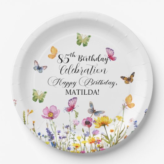 蝶と野エレガント花85誕生日 ペーパープレート (正面)