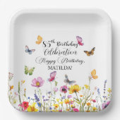 蝶と野エレガント花85誕生日 ペーパープレート (正面)
