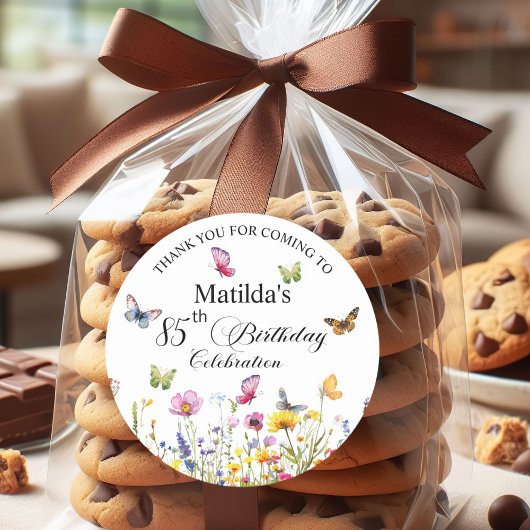 蝶と野エレガント花85誕生日 ラウンドシール