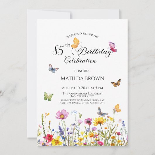 蝶と野エレガント花85誕生日 招待状 (正面)