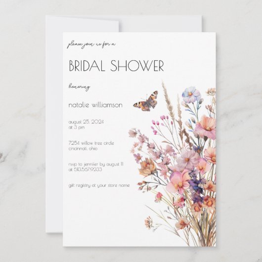 蝶と野生の花ブライダルシャワー 招待状 (正面)