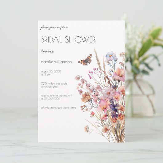 蝶と野生の花ブライダルシャワー 招待状 (スタンド正面)