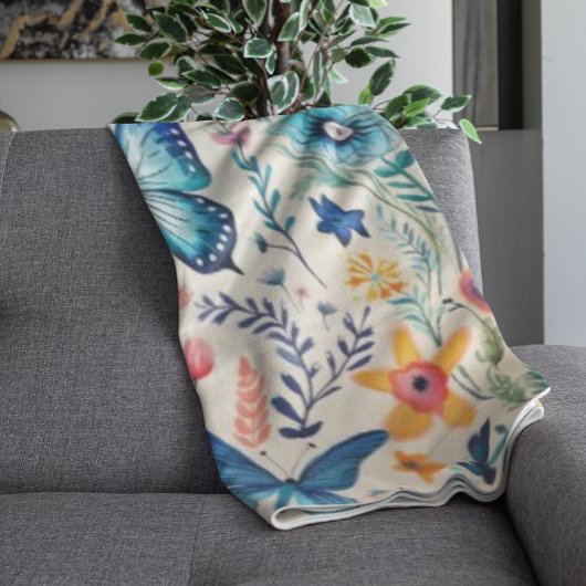 蝶と野草園 フリースブランケット