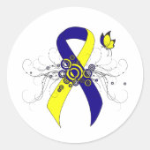 蝶と青と黄色の認識度リボン ラウンドシール (正面)