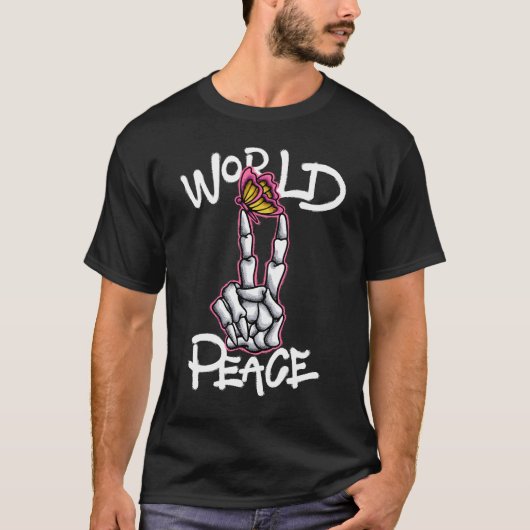蝶と骸骨のピースサイン ストリートウェア Tシャツ (正面)