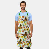 蝶と黄色の花のオールプリント エプロン (着用した状態)