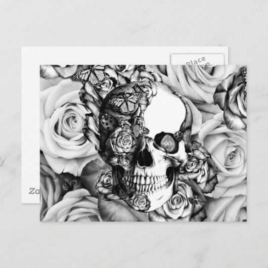 蝶と黒と白のバラスカル ポストカード (正面/裏面)