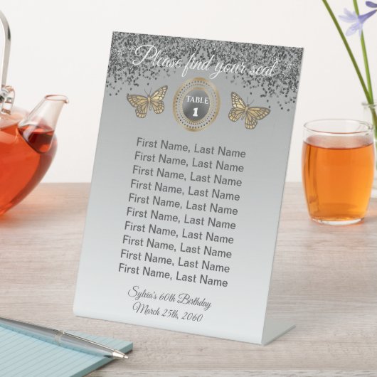 蝶と黒のグリッター、ホイルテーブル番号記号 台座サイン (インサイチュ)
