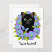 蝶と黒猫のキュートでガーリーな誕生日招待状 招待状 (正面/裏面)