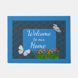 蝶と《植物》百日草花へようこそ ドアマット