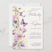 蝶によってフラッタ誕生日ラベンダーパープル 招待状 (正面)