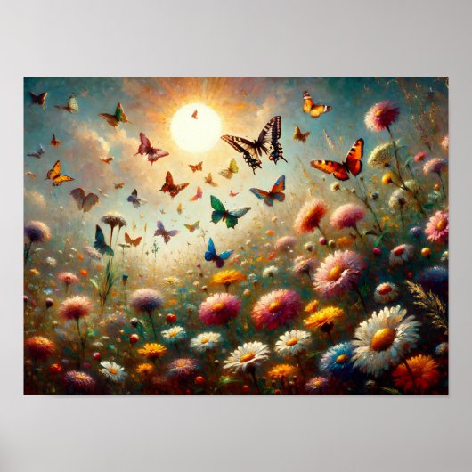 蝶に囲まれた開花の野草 ポスター (正面)