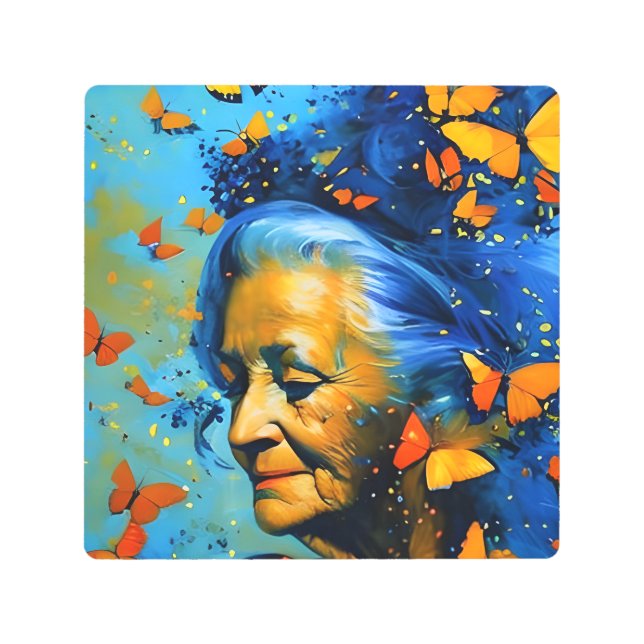 蝶のある老婦人 メタルプリント (正面)