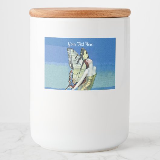 蝶のエレガント妖精の金ゴールドドレスの下の青空 フードラベル (正面)