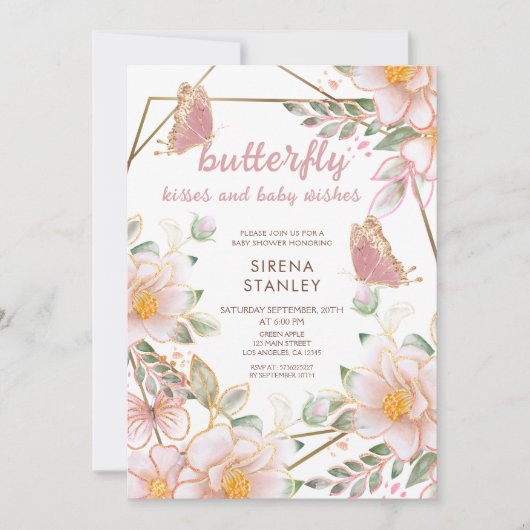 蝶のキスとウィズピンクの女の子の赤ちゃんシャワー 招待状 (正面)
