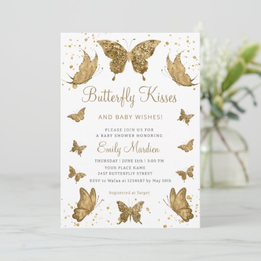 蝶のキスとベビーは女の子の赤ちゃんシャワーを願う 招待状 (スタンド正面)