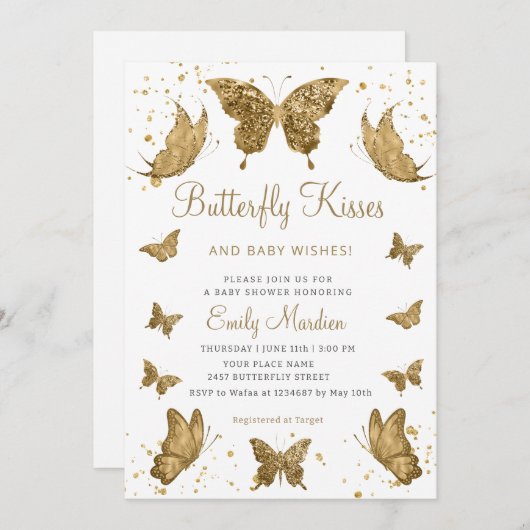 蝶のキスとベビーは女の子の赤ちゃんシャワーを願う 招待状 (正面/裏面)