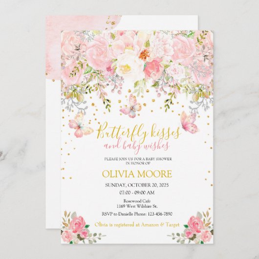 蝶のキスとベビーは赤ちゃんのシャワーを願う 招待状 (正面/裏面)
