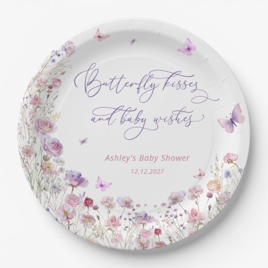 蝶のキスとベビーは赤ちゃんシャワーを願う ペーパープレート (正面)