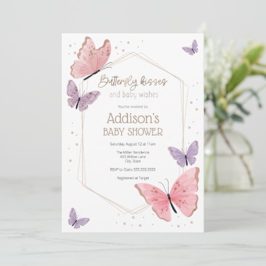 蝶のキスとベビーは赤ちゃんシャワーを願う 招待状 (スタンド正面)