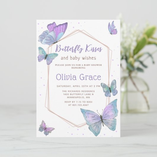 蝶のキスとベビーは赤ちゃんシャワーを願う 招待状 (スタンド正面)