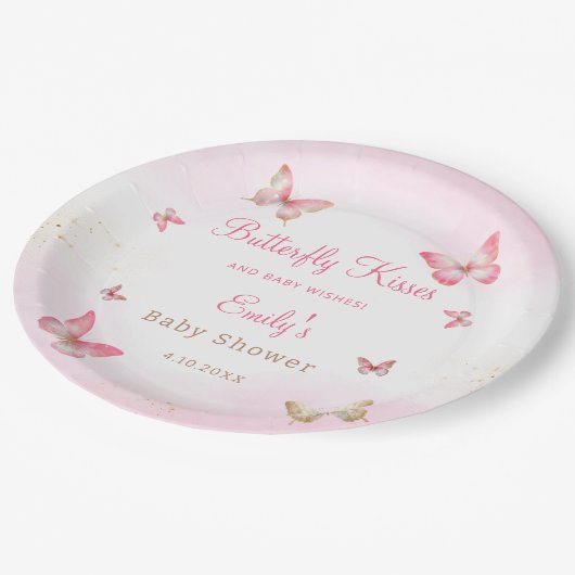 蝶のキスとベビーウィズピンクの赤ちゃんシャワー ペーパープレート (アングル)