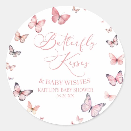 蝶のキスとベビーウィズピンクの赤ちゃんシャワー ラウンドシール (正面)