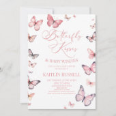 蝶のキスとベビーウィズピンクの赤ちゃんシャワー 招待状 (正面)