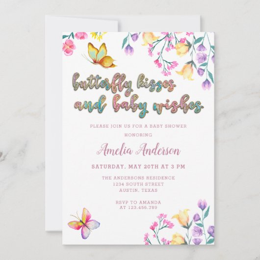 蝶のキスとベビーウィズピンクの赤ちゃんシャワー 招待状 (正面)