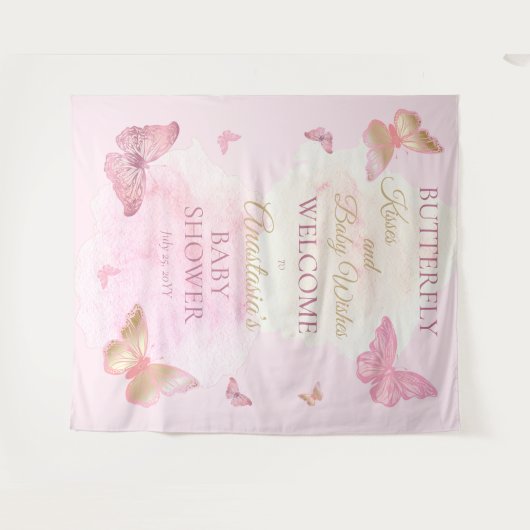 蝶のキスとベビーウィッシュガールベイビーシャワー タペストリー (正面(横))