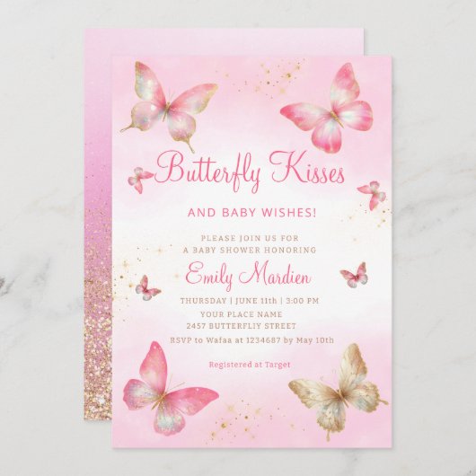 蝶のキスとベビーウィッシュガールベイビーシャワー 招待状 (正面/裏面)