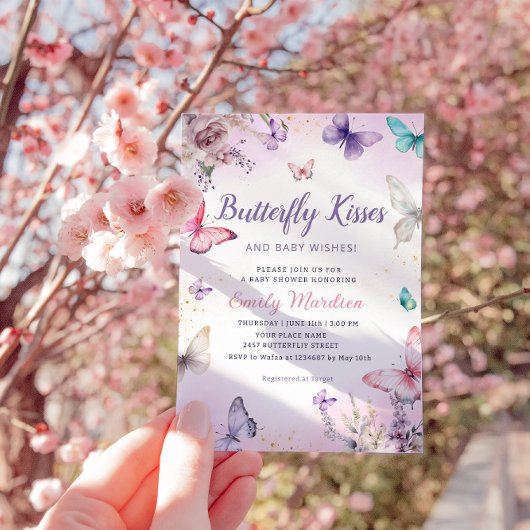 蝶のキスとベビーウィッシュガールベイビーシャワー 招待状