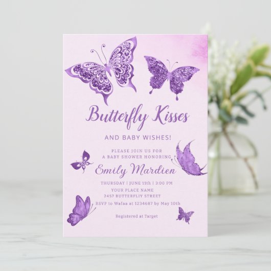 蝶のキスとベビーウィッシュガールベイビーシャワー 招待状 (スタンド正面)