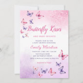 蝶のキスとベビーウィッシュガールベイビーシャワー 招待状 (正面)