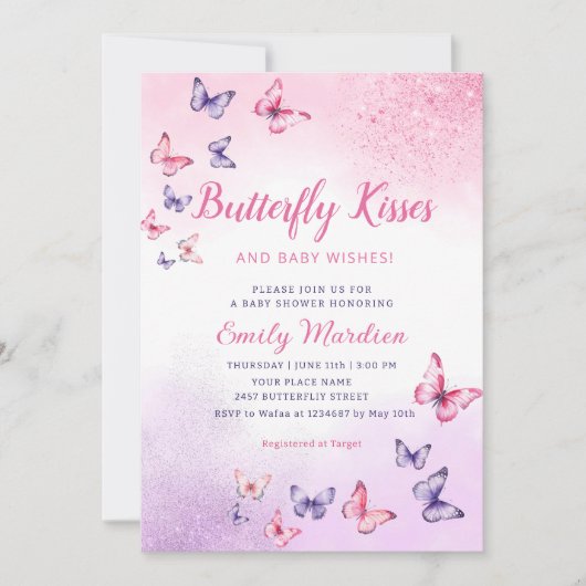 蝶のキスとベビーウィッシュガールベイビーシャワー 招待状 (正面)