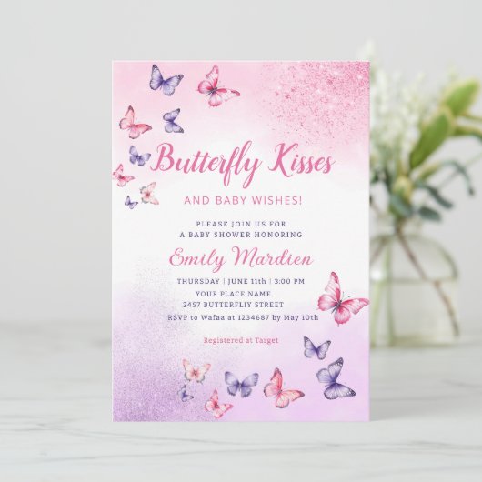 蝶のキスとベビーウィッシュガールベイビーシャワー 招待状 (スタンド正面)