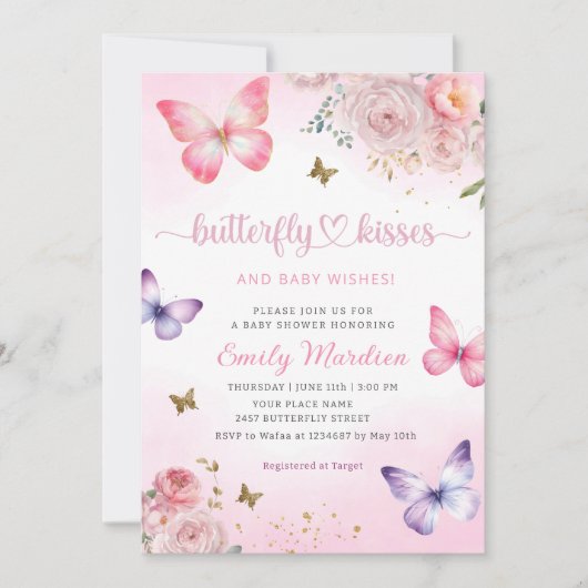 蝶のキスとベビーウィッシュガールベイビーシャワー 招待状 (正面)