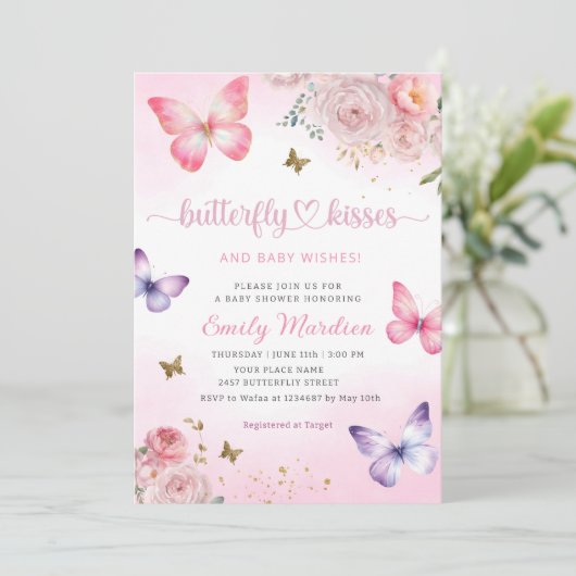 蝶のキスとベビーウィッシュガールベイビーシャワー 招待状 (スタンド正面)