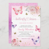 蝶のキスとベビーウィッシュガールベイビーシャワー 招待状 (正面/裏面)