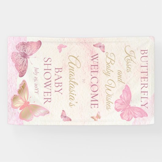 蝶のキスとベビーウィッシュガールベイビーシャワー 横断幕 (横)