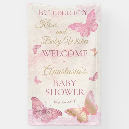 蝶のキスとベビーウィッシュガールベイビーシャワー 横断幕 (縦)