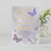 蝶のキスとベビーウィッシュガールベイビーシャワー 箔招待状 (立ち正面)