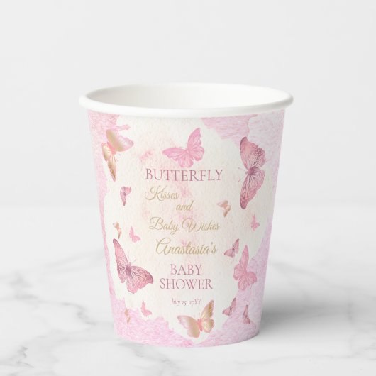 蝶のキスとベビーウィッシュガールベイビーシャワー 紙コップ (正面)