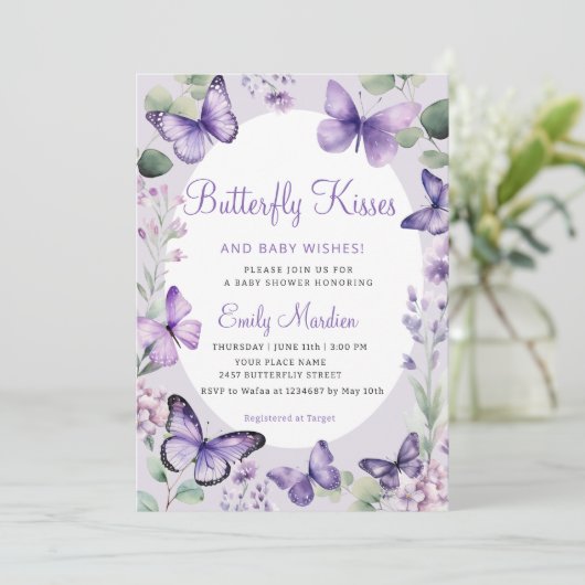 蝶のキスとベビーウィッシュパープルベビーシャワー 招待状 (スタンド正面)
