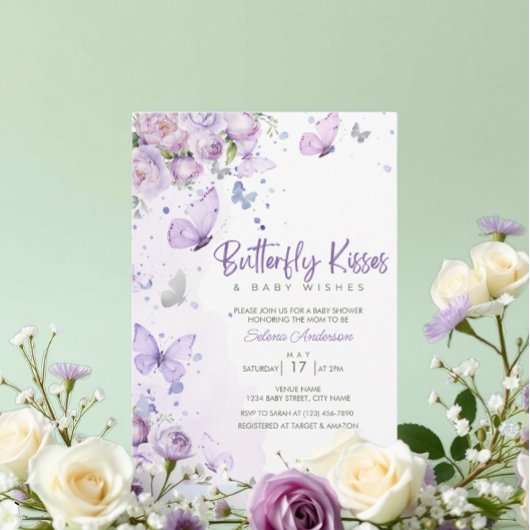 蝶のキスとベビーウィッシュパープルベビーシャワー 招待状