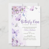 蝶のキスとベビーウィッシュパープルベビーシャワー 招待状 (正面)