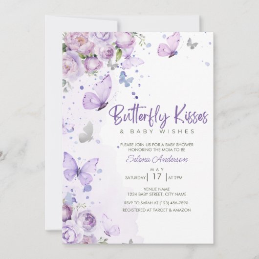 蝶のキスとベビーウィッシュパープルベビーシャワー 招待状 (正面)