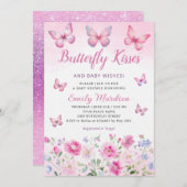 蝶のキスとベビーウィッシュ女の子ベビーシャワー 招待状 (正面/裏面)